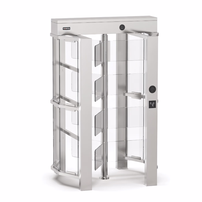 VARITO VT-401G Glass Full Height Turnstile security gate with transparent glass panels for controlled pedestrian access in high-security facilities.