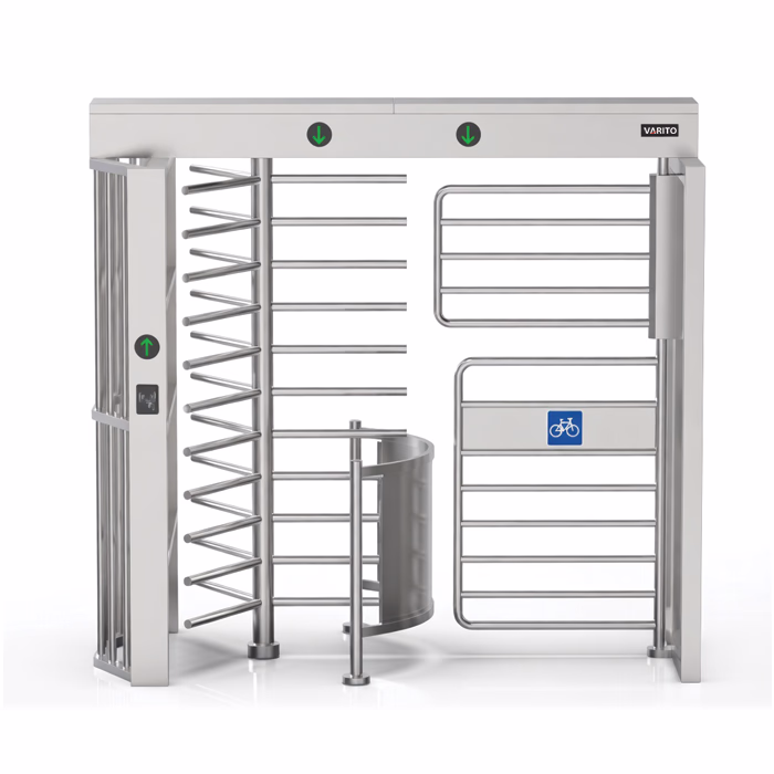VARITO VT-409 Full Height Turnstile with bicycle gate for secure pedestrian and bicycle access control in high-security facilities.